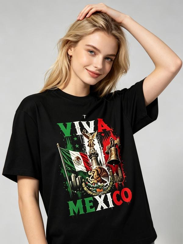 Women's Mexican Flag Graphic Oversized Cotton Tee - Viva Mexico Pride, Short Sleeve Crew Neck, Mexican Flag Women's T-Shirts