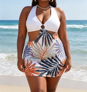 Plus Size Two-Tone Halter Swim Dress with Waist Cutout - Halter Top in Black or White, Midriff Keyhole with Ring Detail, Skirted Bottom with Vibrant Tropical Leaf Print, Flattering Modest Swimwear Summer Vibes