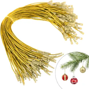 Christmas Ornament Hangers String, 100 Pcs PreCut Ornament Hook for Christmas Trees, Ornament String Gold, Safe Ornament Ribbon Hangers for Xmas Holiday Party Hanging Decorations with Snap Fastener