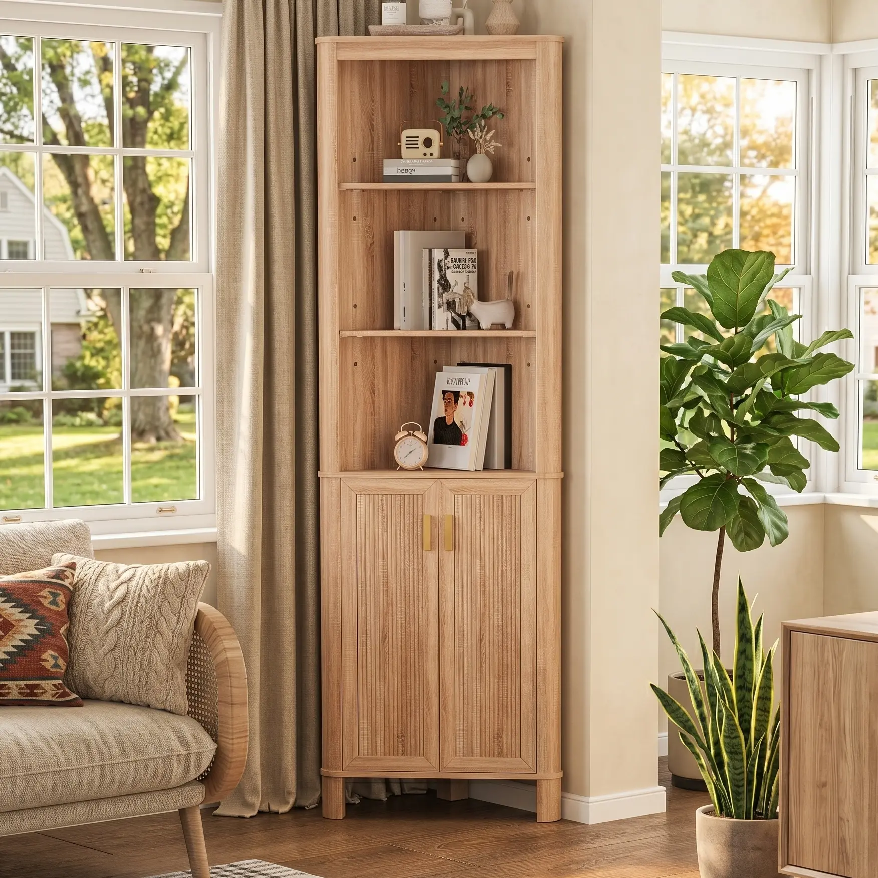 Space-Saving 68" Fluted Corner Cabinet - Modern Storage for Bathroom & Kitchen