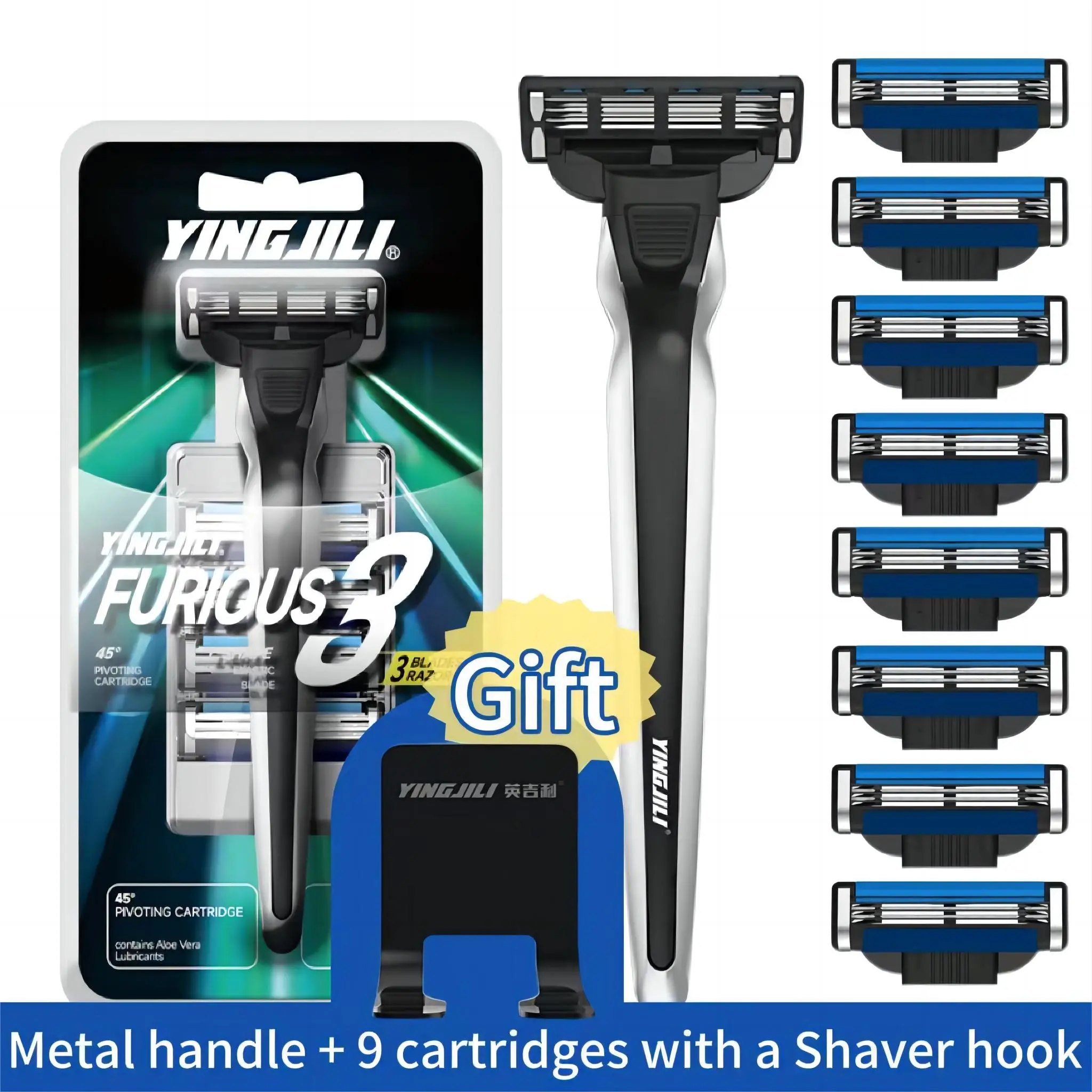 Furious 3 Blades Razor(1 handle + 9 cartridges)   Metal handle