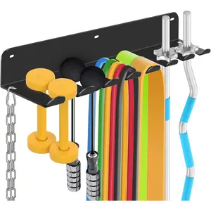 Gym Equipment Storage Rack - Multi-Purpose Home Gym Organization Storage Wall Mount for Resistance Bands, Jump Ropes, Lifting Belt, Chains, Barbells (16" / 8 Prongs)