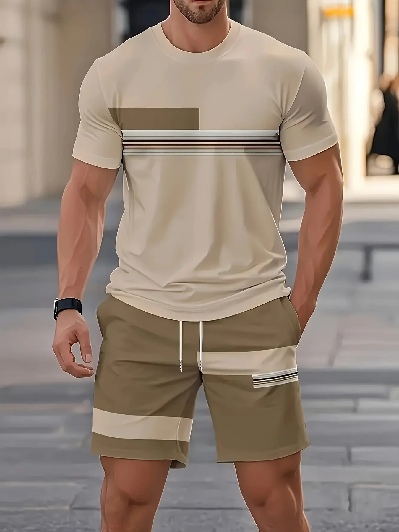 Men's Two-Piece Set, Slim Fit Round Neck Short Sleeve T-Shirt + Shorts, Casual Summer, Summer Wear, Quick-Dry Breathable, Fashionable Business Style, Classic