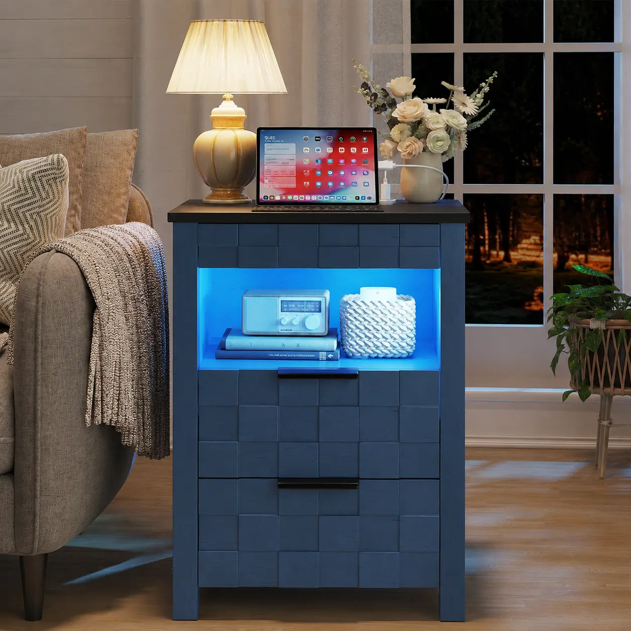 Vlsrka Lockable Gun Drawer Nightstand - Wood Frame Modern Bedroom Table with 2 Drawers, Dual Storage, Charging Station, 3-Color Human Sensor LED Lights, Assembly Required