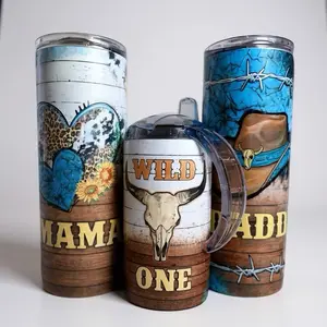 Wild One Western Family Tumblers - Mama 20oz Leopard Turquoise Heart, Daddy 20oz Cowboy Hat Barbed Wire, Wild One 12oz Kids Cup with Sippy & Slide Lids,  Stainless Steel Drinkware with Straw
