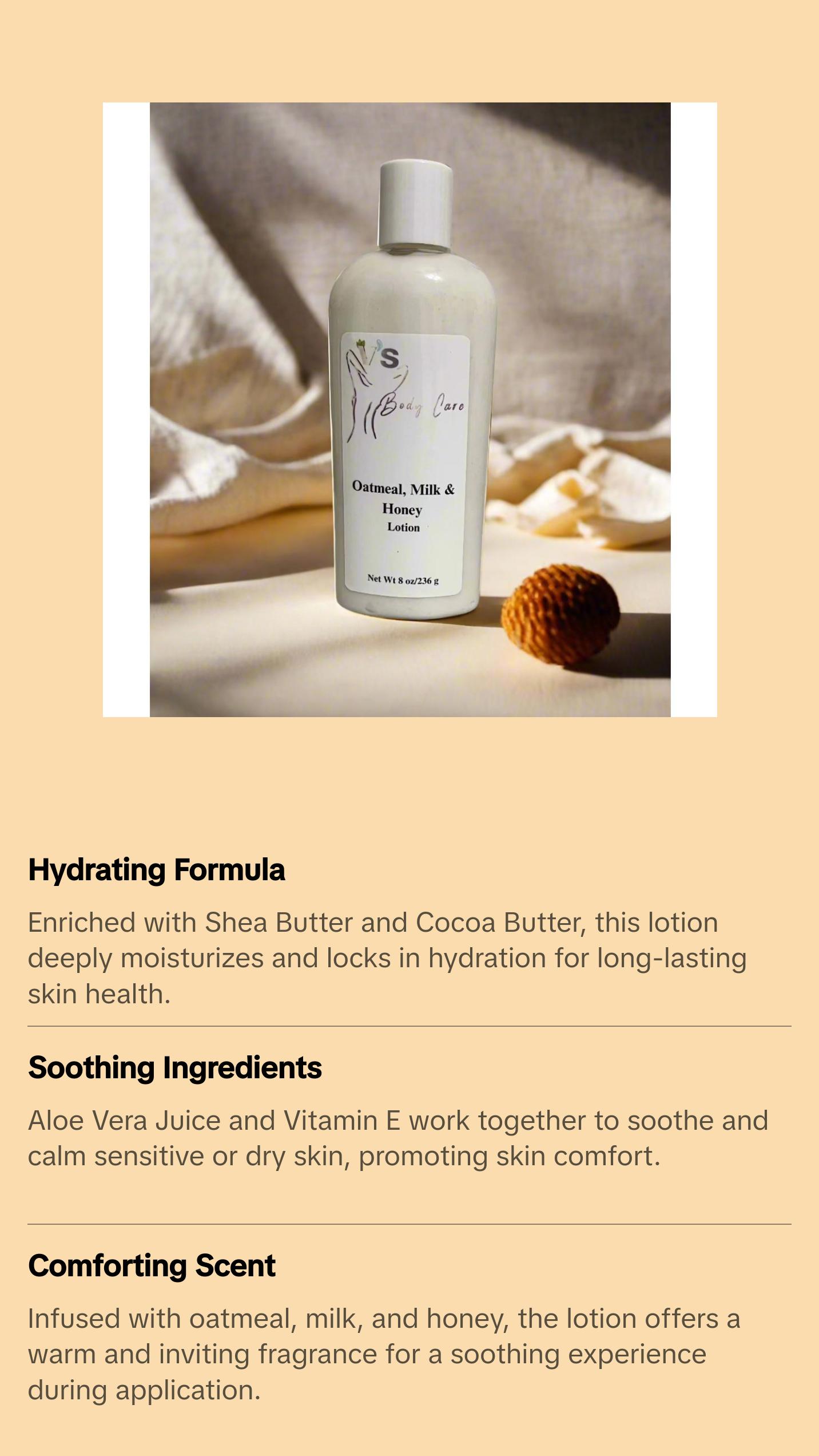 Oatmeal Milk and Honey Lotion - Shea Butter and Cocoa Butter Moisturizer Body Care Comfort