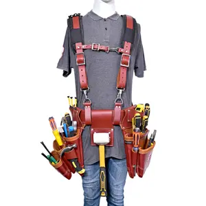 Leather Tool Belt with Suspender D-Loop Adjustable Padded Suspender Full Grain Leather Work Belt for Construction, Carpenters, detachable tool bag