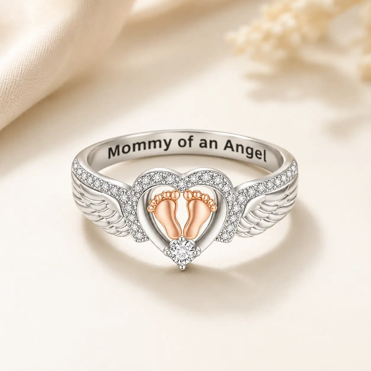 Angel Wings Baby Footprint Ring, Mommy of an Angel Engraved Heart Ring, Sympathy Memorial Jewelry, Remembrance Gift for Grieving Mom, Zircon Inlaid Statement Ring
