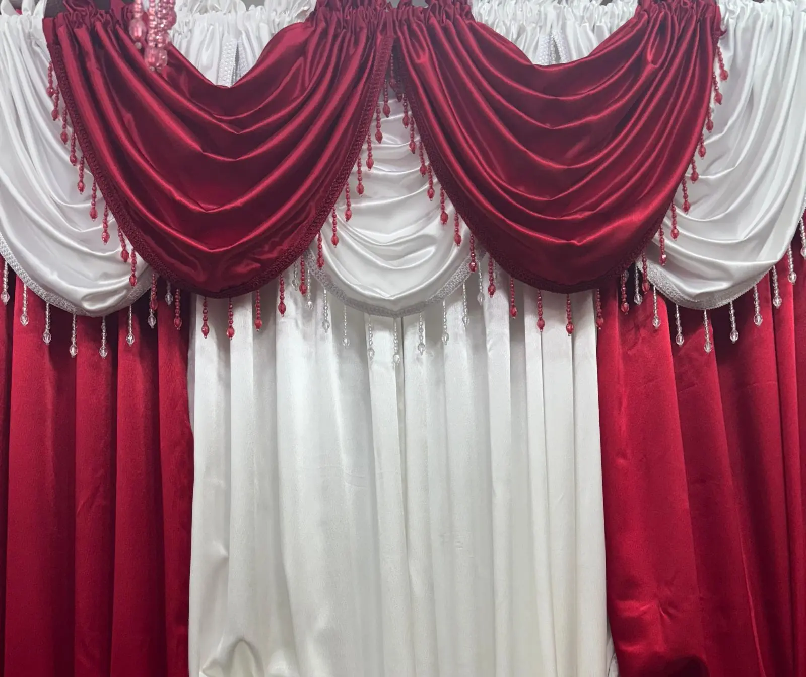 Regency 9 Piece Luxury Curtain Set Red & White Premium Beaded Window Treatment with Embellished Waterfall Valances and Satin Panels for Elegant Home Decor