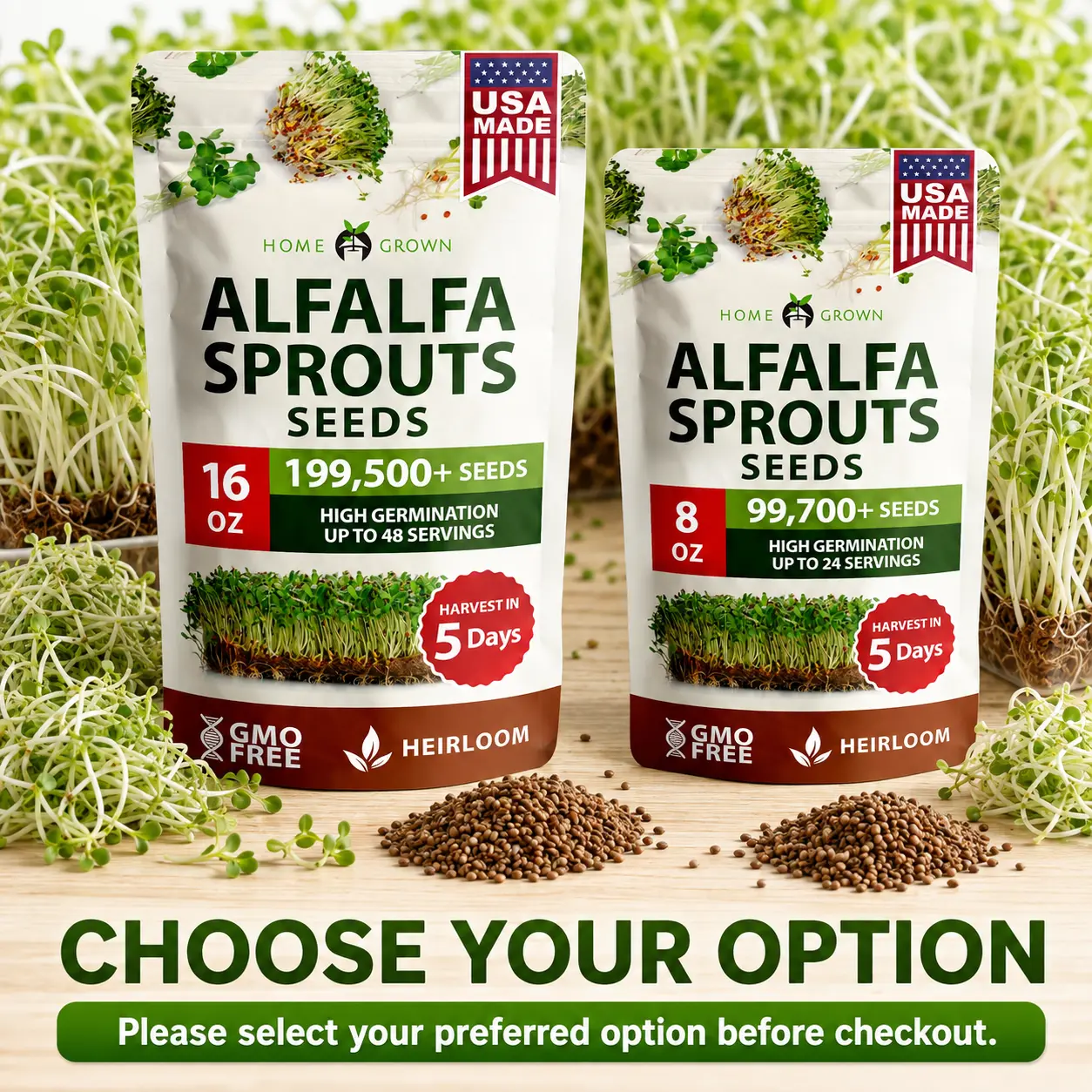 Premium USA Alfalfa Sprouts Veggie Seeds - Heirloom, Non-GMO Home Planting Bag Seeds, High Germination for Sprouting & Microgreens, Rich in Folate for Healthy Meals, Resealable for Freshness