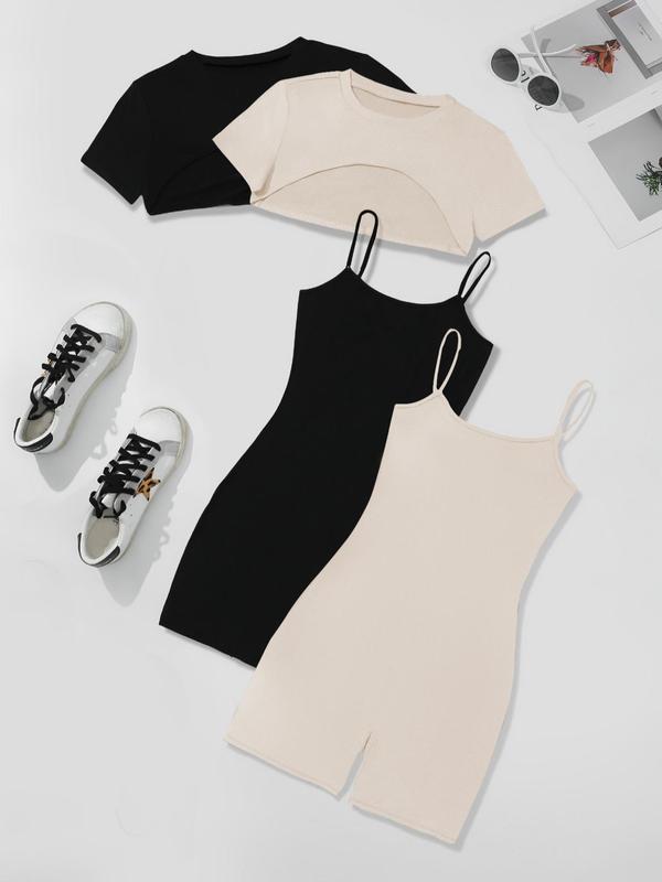 Four-Piece Set Women's Solid High Low Crop Tee & Cami Romper, Casual Short Sleeve Super Crop Top & Sleeveless Bodycon Romper, Summer Outfits 2025, Cute Summer Outfit
