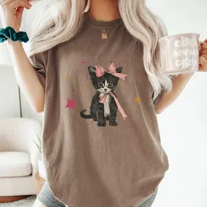 Digitex Acid Washed Shirt Cat Print Casual Graphic Tee Half Short Sleeves Crew Neck Summer Comfortable Cotton Top for Women Fit