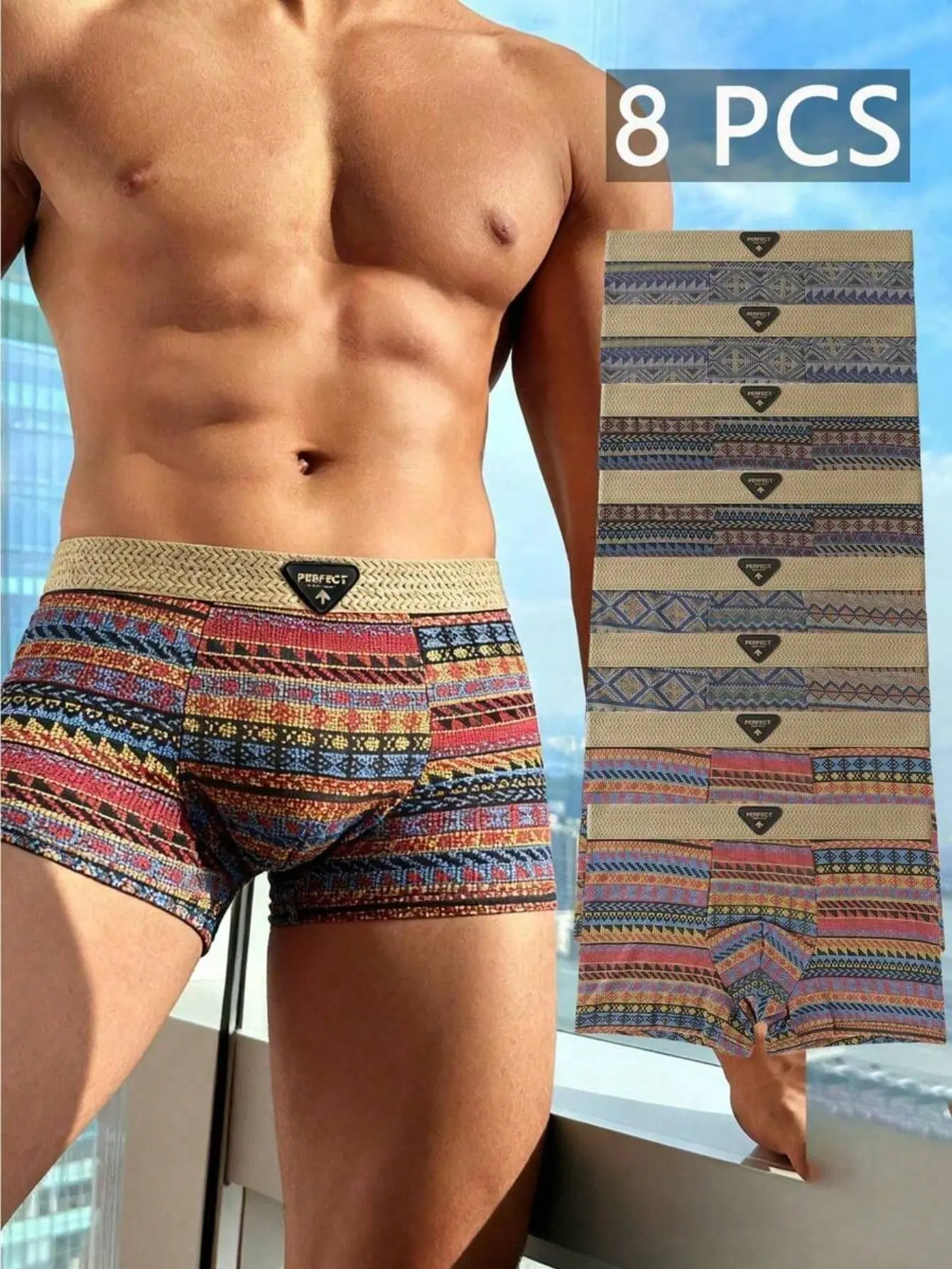 Men's 8-Piece Graffiti Printed Boxer Shorts - High-Elasticity Color-Blocking Menswear, Casual Multicolor Underwear, Machine Washable for Gym Use
