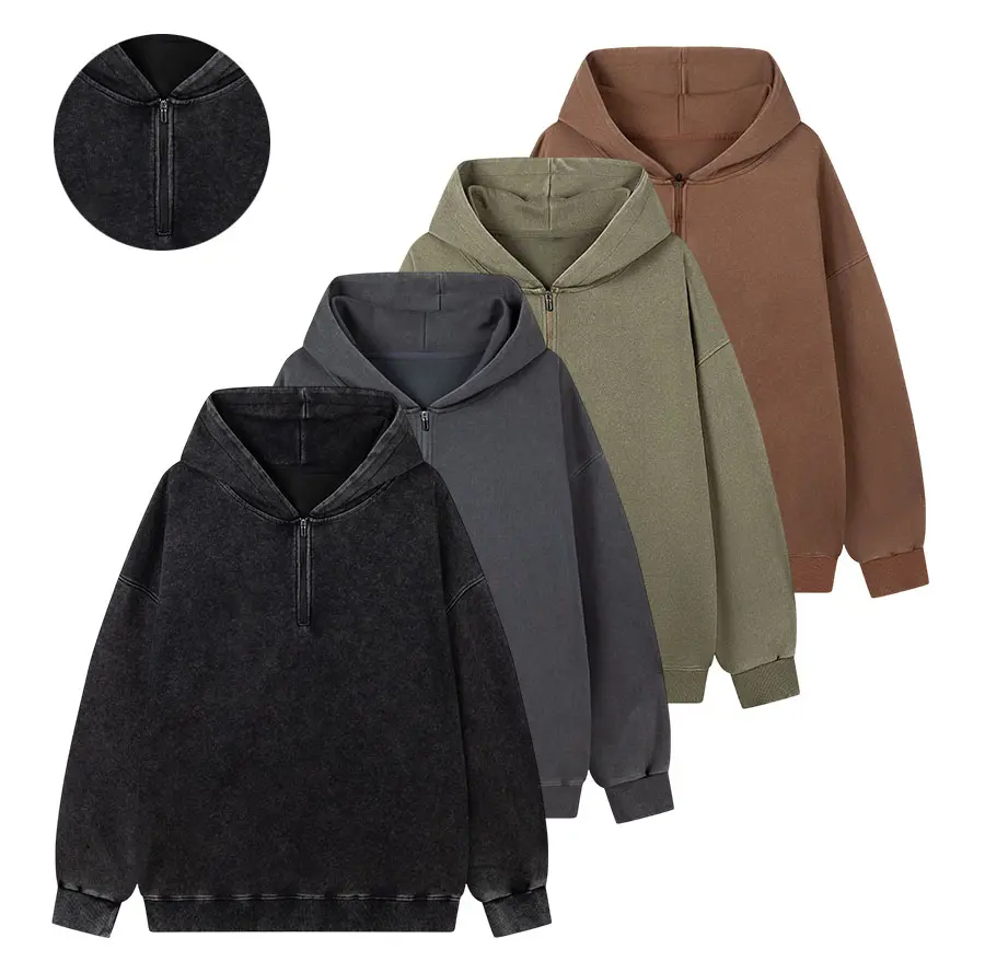 Men’s hooded sweatshirt, distressed wash half-zip hoodie, relaxed drop-shoulder fit, cotton blend with a soft, plush feel, casual commuter retro street style versatile top