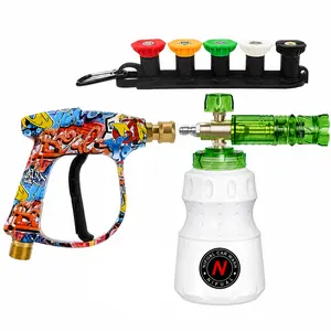 NIFUAL High-Pressure Washer Kit - Brass Hand-Painted Car Wash Spray Gun (M22-14 Inlet), Transparent Green 1L Multi-Functional Foam Cannon, 5 Quick Tips Color-Coded Nozzles, 210 Bar 3000 PSI Automotive Car Washing Tools