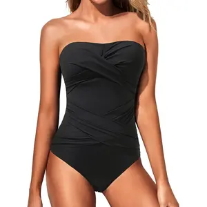 Holipick Women Strapless One Piece Swimsuits Tummy Control Bandeau Bathing Suits Retro Slimming Swimwear