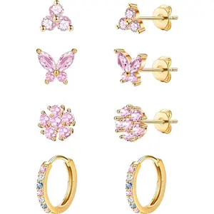 20G Gold Studs Earrings for Women,14K Gold Plated Hypoallergenic Butterfly Earrings for Girls,4 Pairs Flower/Butterfly/Cubic Zirconia Cute Earring and Trendy Huggie Hoop Dainty Multipack Earring Sets
