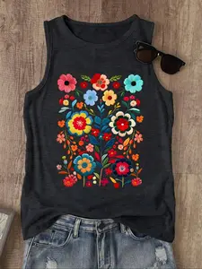 Women's Summer Casual Loose Fit Vest, Floral Print, Soft Comfortable Home Wear, Essential for All Seasons, Ladies' Everyday Fashion Top