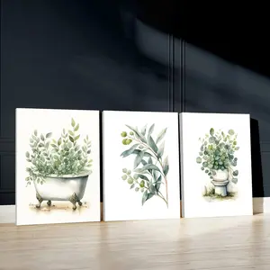 3pcs Unique Bathroom Wall Art, Whimsical Greenery Poster, Design Art Prints, Botanical Vibes Home Decor, Modern Wall Paintings, Canvas Posters Wall Arts, Decorative Artwork, Art Wall Decoration, Decor for Living Room, Bedroom, With Frame