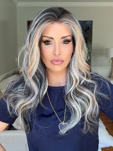 IMstyle Jovi Blue Jeans G2 Calico Blue Peach Blonde Tea Black with Highlight Natural Wavy Glueless 13*4 Free Parting Lace Front Synthetic Wig