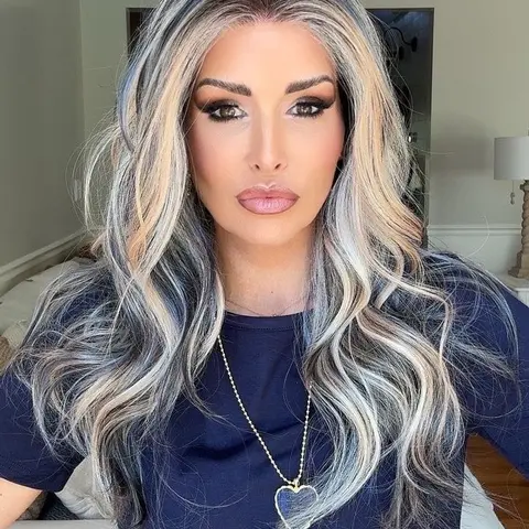 IMstyle Jovi Blue Jeans G2 Calico Blue Peach Blonde Tea Black with Highlight Natural Wavy Glueless 13*4 Free Parting Lace Front Synthetic Wig