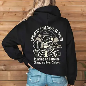 [Made in USA] Running On Caffeine Chaos And Poor Choices EMS Hoodie, Funny EMS Skeleton Graphic Pullover Hoodie, Emergency Medical Services Back Print Oversized Hoodie, Dark Humor First Responder Gift For EMT Women Men.