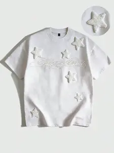 Stars Embroidered Patch T-Shirt Round Neck 'god Blessed' Text Pattern, Street Style Y2K Unisex Short Sleeve, Loose-Fitting Long Tee, Casual Streetwear Fashion