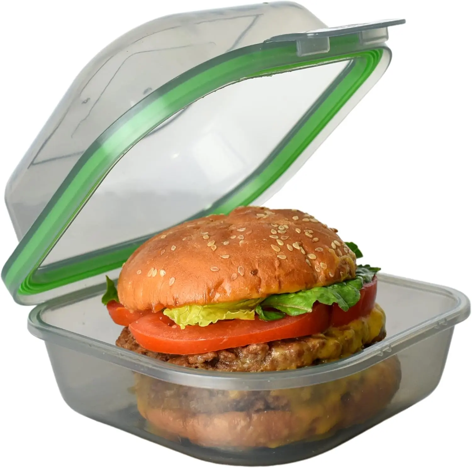 MyGo Container Bun Sized To-Go Compartment Container, 5-1/2" X 5-1/2" X 3-1/2" Reusable, Microwave Safe, NSF Certified, Smoke/Green