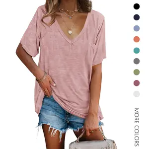 Women's V-Neck Short-Sleeve Loose-Fit Minimalist Streetwear T-Shirt with Pocket - Casual Basic Top, Summer Womenswear, Black, Loose-Fit Casual Women's T-Shirt, Shortsleeve