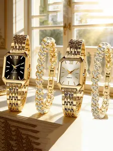 2 Piece Watch Set + 2 Bracelets, Casual Fashion Women's Quartz Watches and Bracelets, Elegant Fashion Watch, Perfect Gift for Loved Ones, Holiday Present Ideas