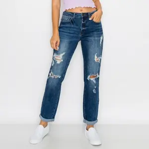 DESTRUCTED BLOWN KNEE ROLLED CUFF BOYFRIEND JEAN $24.99 Destructed Blown Knee Rolled Cuff Boyfriend Jean in 11.1 oz stretch denim fabric Traditional 5 pocket construction with rolled cuff detail and one button and zipper closure. Fabric Content: 93% Cotto