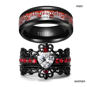 Ringcrown Couple Rings Crown Matching Heart 1CT Cz Black Gold Plated 2pcs Women Men Wedding Band Titanium Steel Set