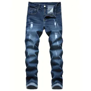 Men's Premium Light Blue Jeans | Slim Fit Stretch Denim Pants | Scratch Distressed Rolled Cuff Bottoms for Street Style & Durability