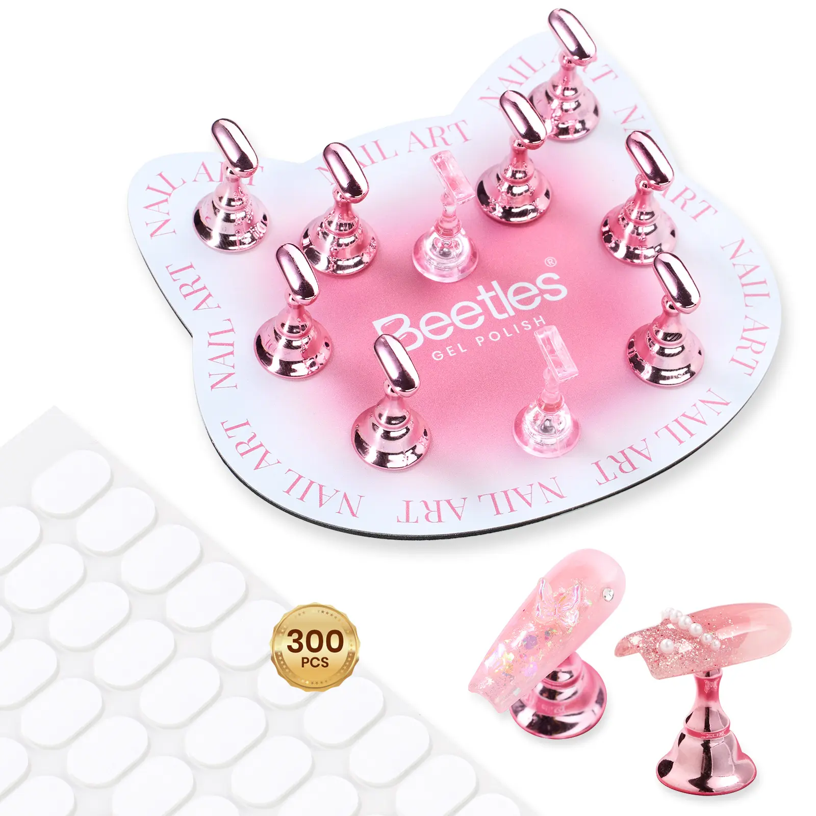 Beetles Nail Art Practice Stand Set, Cat Head Base with 10Pcs Detachable Nail Tips Holders & 300Pcs Adhesive Tabs, Anti-Tip Weighted Design for DIY Manicure Practice, Nail Art Display, Home Salon Nail Design Tool