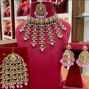 Premium Quality Polki Necklace Lavender with Reverse AD Stone Work Earrings and Tikka Heavy Passa Elegant Jewelry Set for Bridal Royal Wedding
