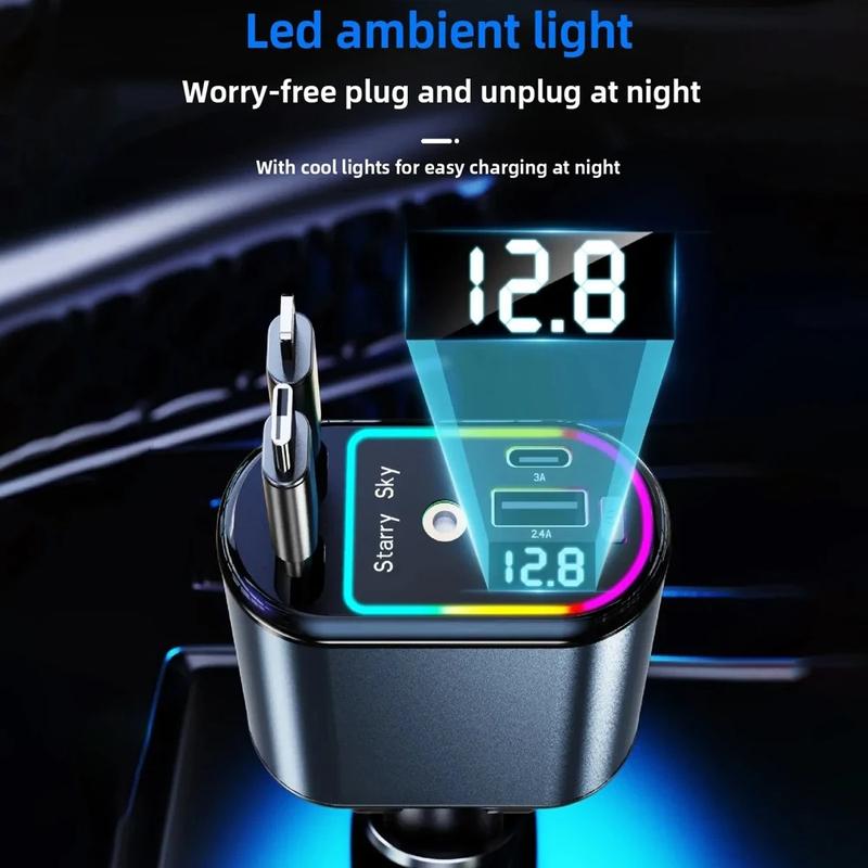 4-in-1 Starry Sky Retractable Car Charger 120W Top Projection Light Four-In-One Type-C+Lightning Dual Wires Usb+Pd Expansion Socket