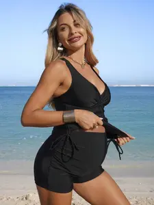 NANCY Maternity Casual Black Ruched V Neck Maternity Tankini Swimsuit Polyamide Short Bottoms Black Tankini Bathing Suits For Women Black Swimsuit Dress For Women Black Summer Dress Black Cover Up Swim