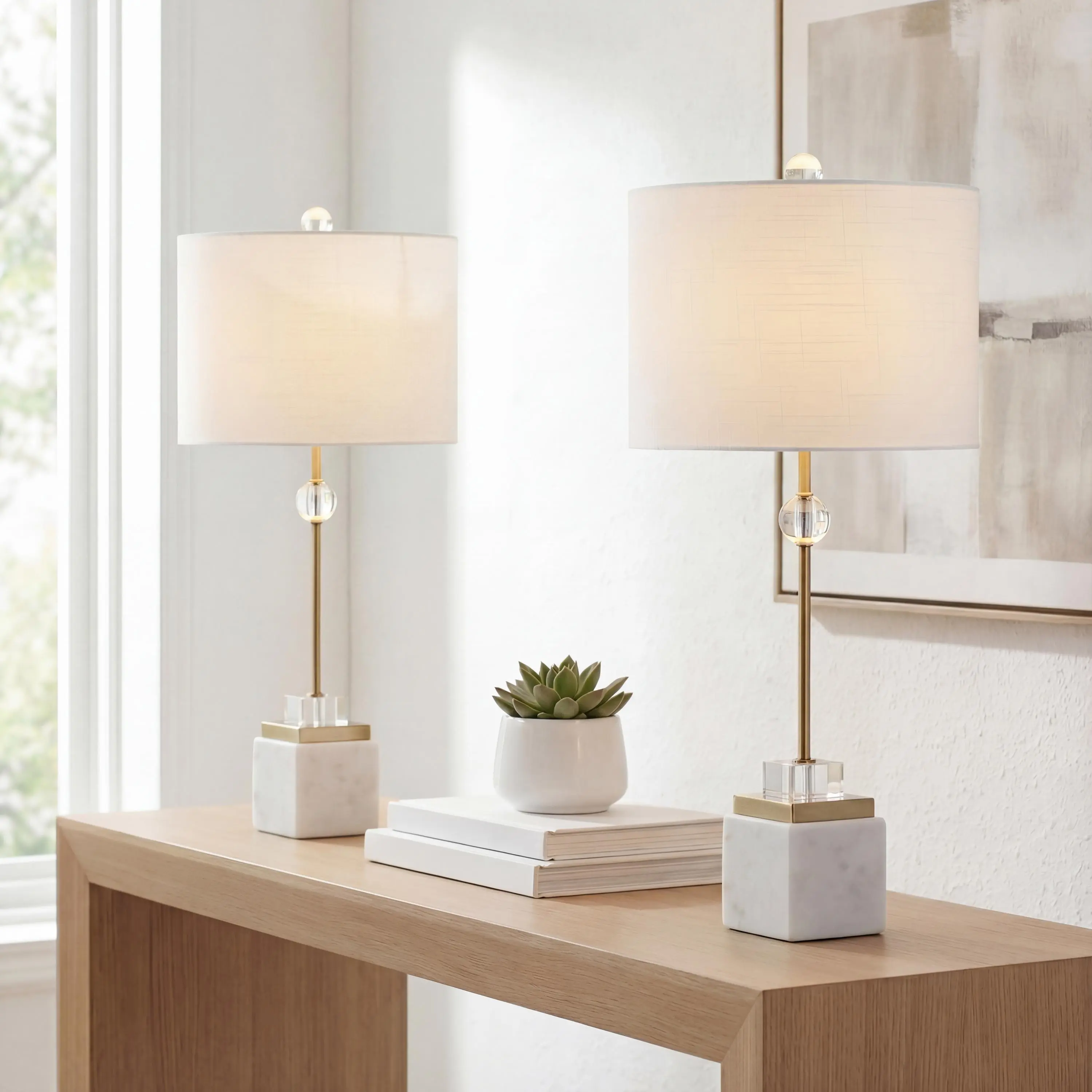 JONATHAN Y Dawson 30" Height Luxury Home Marble Decor Table Lamps (Set of 2), Brass Gold Metal LED Lamps with Crystal Accents Pedestal, White Linen Drum Shade, Rotary Switch, 60in Corded 100W Eco-Friendly LED Bulbs, Bases & Shades, Cotton