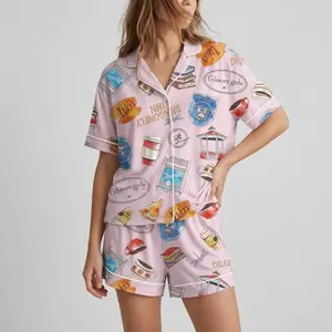 Gilmore Girls Print Short Sleeve Lapel Shirt & Elastic Waist Shorts Pajama Set, Soft Cotton Blend Sleepwear for Women, Casual Loungewear, All Seasons Comfy Two-Piece PJ Set