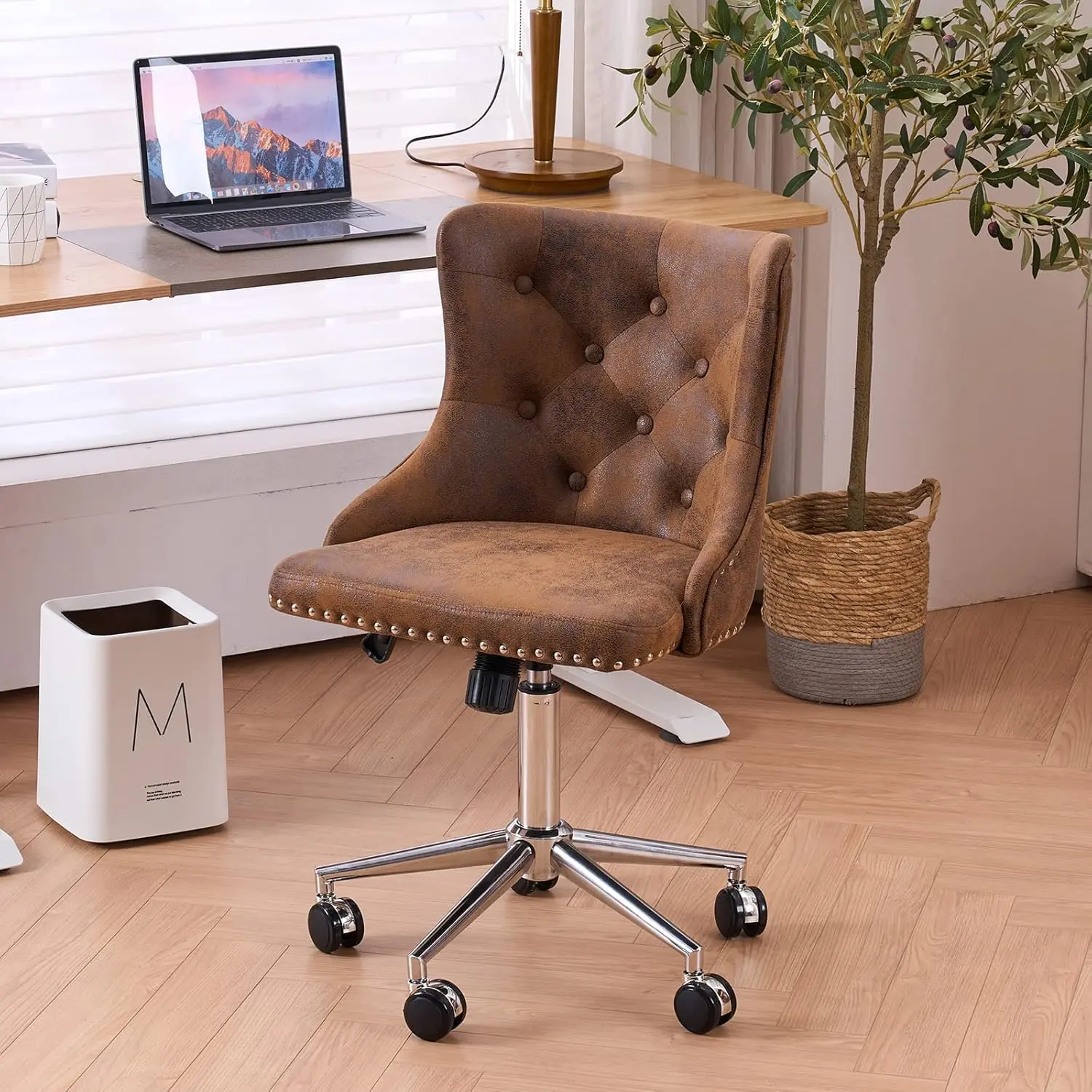 Karlhome Rustic Microfiber Armless Home Office Desk Chair with Silver Base/Wheels, Small Cute Vanity/Makeup Chair with Back for Bedroom, Upholstered Adjustable Rolling Swivel Nail Chair for Women/Girls