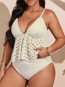 Plus Size Women's Solid Black Hollow Out Tankini Swimsuit Set Full Cup High Waist Backless Buckle Design for Summer Beach Vacation