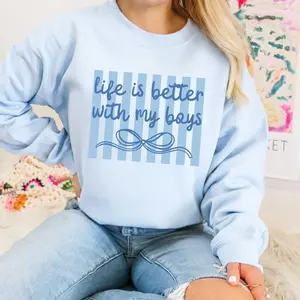 Life is Better with my Boys Sweatshirt, Striped Coquette Bow Sweater, Mother to Boys Crewneck, Family Gift