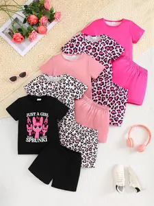 Girls' Leopard Print Short Sleeve Top & Shorts Set, 10-Piece Casual, Perfect Gift for Granddaughter/daughter Fashion Clothes Set