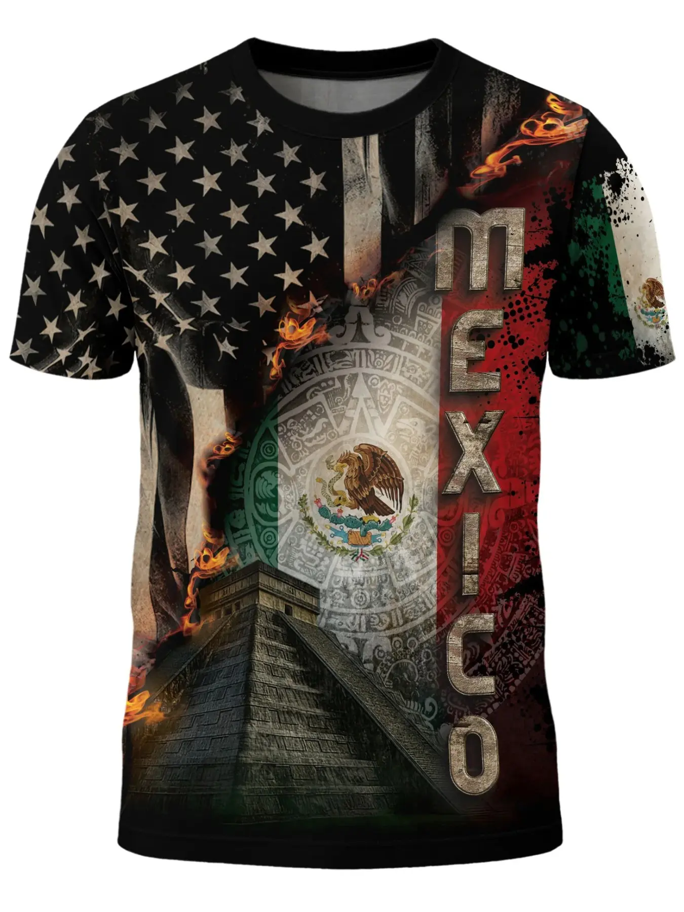 Mexico Usa Flag Pyramid Heritage Pride Warrior Spirit Shirt, Athletic Apparel, Athletic Clothes, Sporty Fitted Long Sleeve Top, All Seasons Striped Design