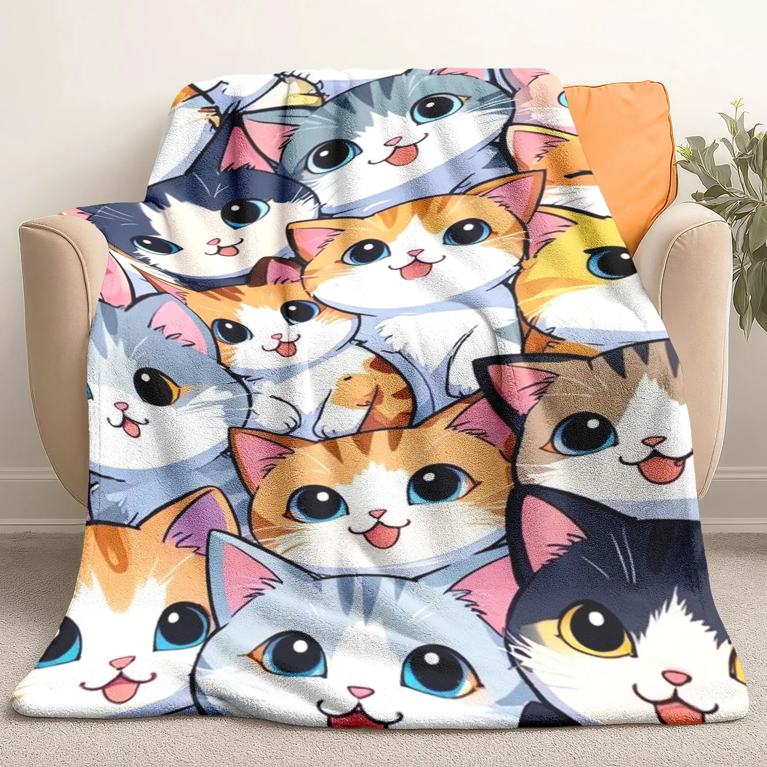 Cute Cat Blanket Set, Multicolor Kitty Print Design, Cozy Pet Bedding & Comfortable Resting Spot for Cats, Ideal Gift for Feline Lovers