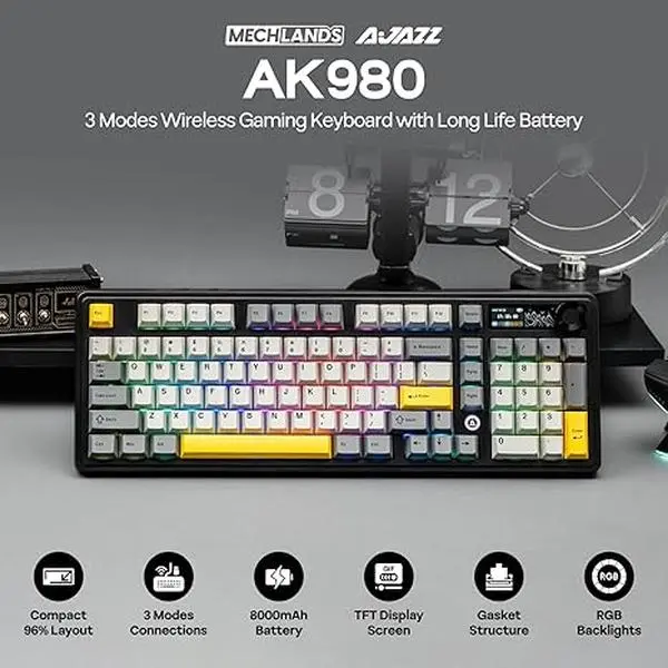 AJAZZ AK980 Wireless 98% Full-Size Illuminated Mechanical Keyboard, Tri-Mode BT/2.4G/USB-C, Smart Display & Knob, Hot Swappable, PBT Keycaps, RGB Backlighting, Murad Switch, Black, for Win & Mac, Illuminated Mechanical Keyboards, Rgb Backlighting Keyboard