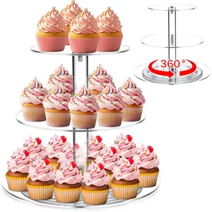 Tiered Cupcake Display Stand Rotatable Cake and Cupcake Stand Combo Clear Acrylic Cake Holder with Tiered Tray for Dessert Pastry Birthday Wedding Table(3 Tire and Round)