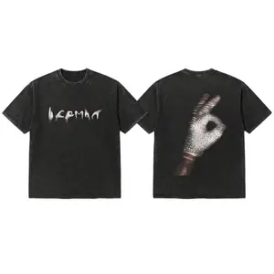 "ICEMAN" Shimmering Glove Vintage Washed T-Shirt, Dual-Sided Acid Wash Heavyweight Cotton Shirt, Retro Cold Aesthetic Sign Language Tee, Trendy Oversized Distressed Streetwear Top