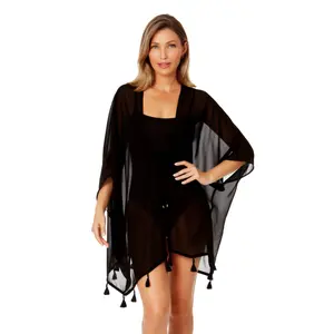 Women's Live In Color Tie Front Kimono With Tassel Cover Up