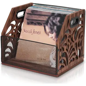 Wooden Vinyl Record Storage Holder, Record Crate Holds Up to 70+ Records, Magazine Rack Organizer for Desktop Home Office, Storage for Albums Books Files